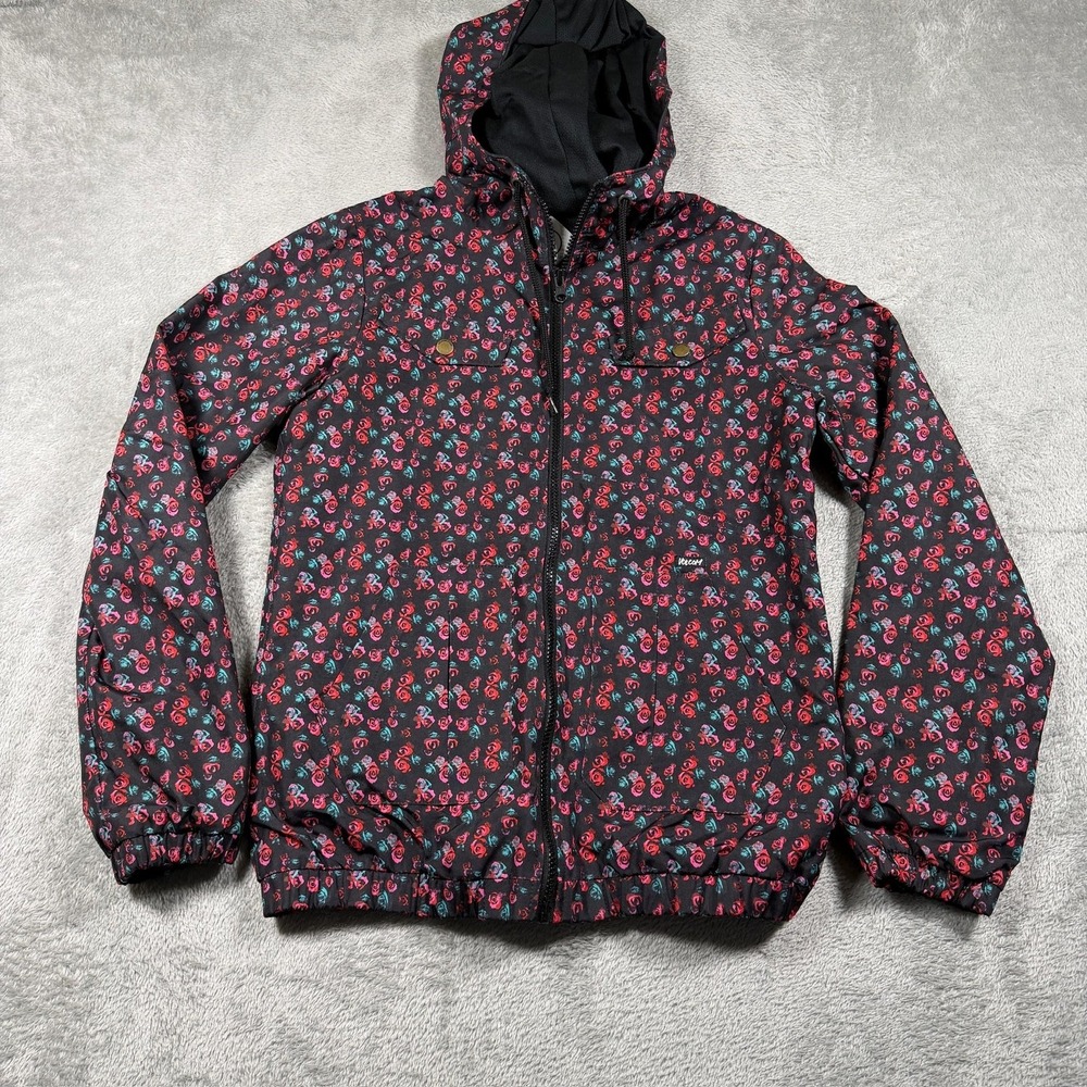 Volcom Enemy Lines Jacket Women XS Black Floral Hooded Full Zip Windbreaker Surf